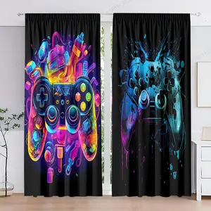 2 Piece Set Colorful Graffiti Game Controller Pattern Digital Print Curtains, Window Curtain, Easy Hang Rod Design for Privacy, Easy Install Curtain, Perfect for Bedroom & Living Room Decor