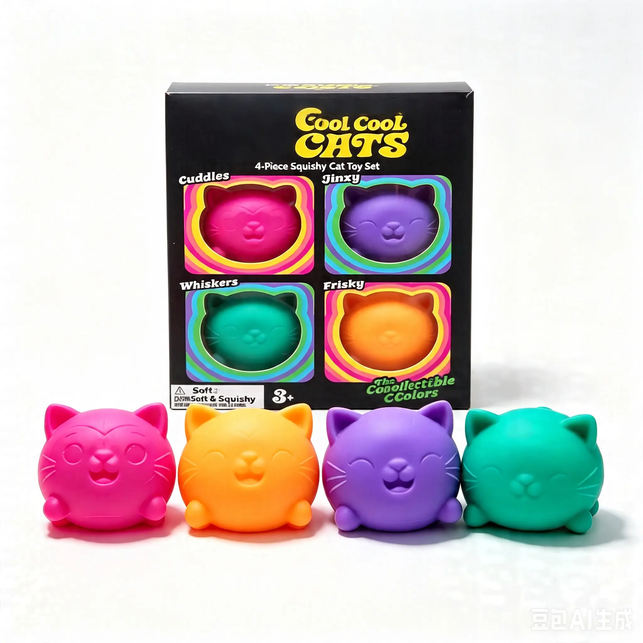 Teenie  Cool Cats Squish Fidget Toy, 4 Pack Cute Cat Slow Rebound Stress Relief Balls, Silent Pocket Sensory Anxiety Squishy, Portable Desk Fidget Gift for Kids Teens Adults, Kawaii Animal Stress Toy Set