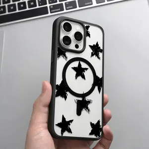 Black Star Pattern Clear Magnetic Phone Case , MagSafe Silicone Bumper Protective Cover for iPhone X Xsmax 11 12 13 14 15 16 Pro Max Plus Girl Trendy