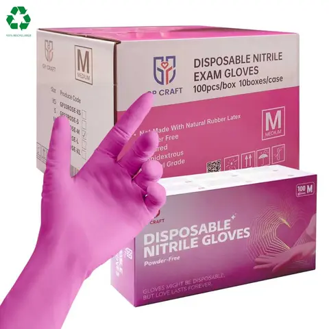 GP Craft Blush Pink 3.5mil Disposable Nitrile Exam Gloves, 100pcs Box, Disposable Cleaning Gloves, Wear-Resistant, Powder-Free, Latex-Free, Snug Elastic Fit, for Household Kitchen Home Care Tasks