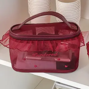 High-End Ruffle Edge Mesh Lipstick Sample Case, Portable Breathable Style, Student-Friendly Storage Bag
