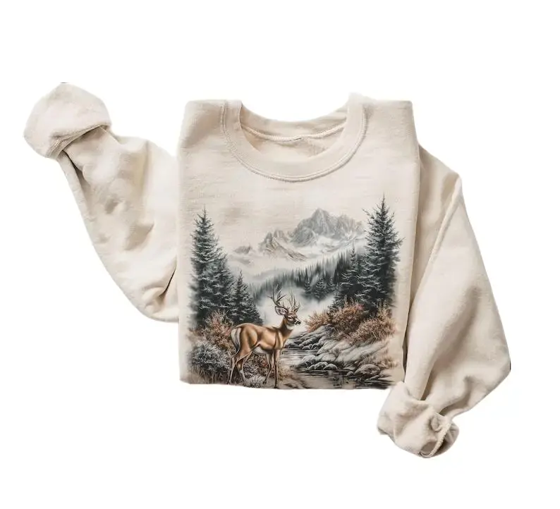 Women's Unisex Retro Whitetail Buck Deer Winter Mountain Scene Crewneck Sweatshirt - 90s Boho Nature Lover Outfit