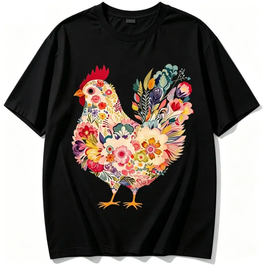 Floral Rooster Folk Art T-Shirt, 100% Cotton Colorful Botanical Chicken Graphic Tee
