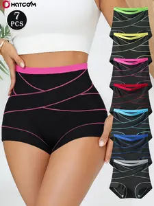 Women's High-Waist Tummy Control Shapewear Set, Activewear - 7-Pack Bandage-Style Sports Underwear | Elastic & Full Coverage + Butt Lifting & Shaping, Fit, Breathable Crotch for Sweat-Free Comfort, for Gym, Daily Wear, Color-Block Stripe Design, Everyday