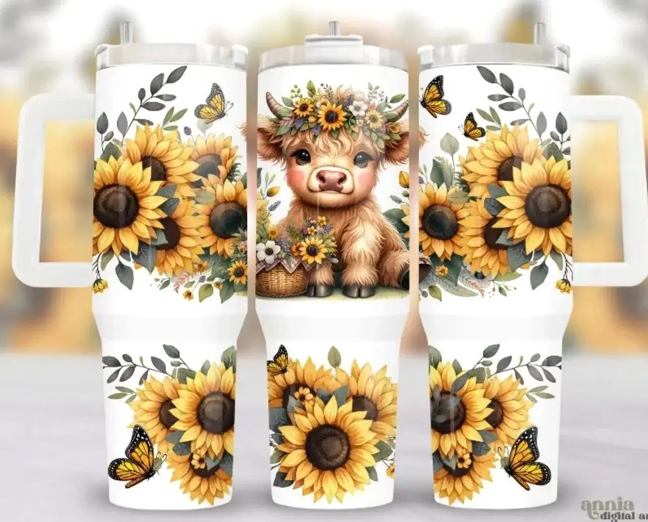 40 oz Portable Stainless Steel Vacuum Flask Tumbler - Highland Cow Design, Sunflower Design, Reusable Beverage Container with Straw, Flasks