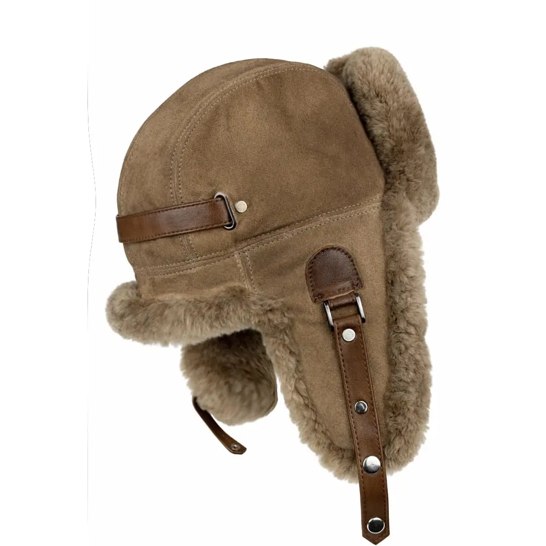 Premium Handmade Shearling Trapper Hat for Men & Women – Genuine Sheepskin Ushanka, Natural Fur Lined, Camel Suede Leather