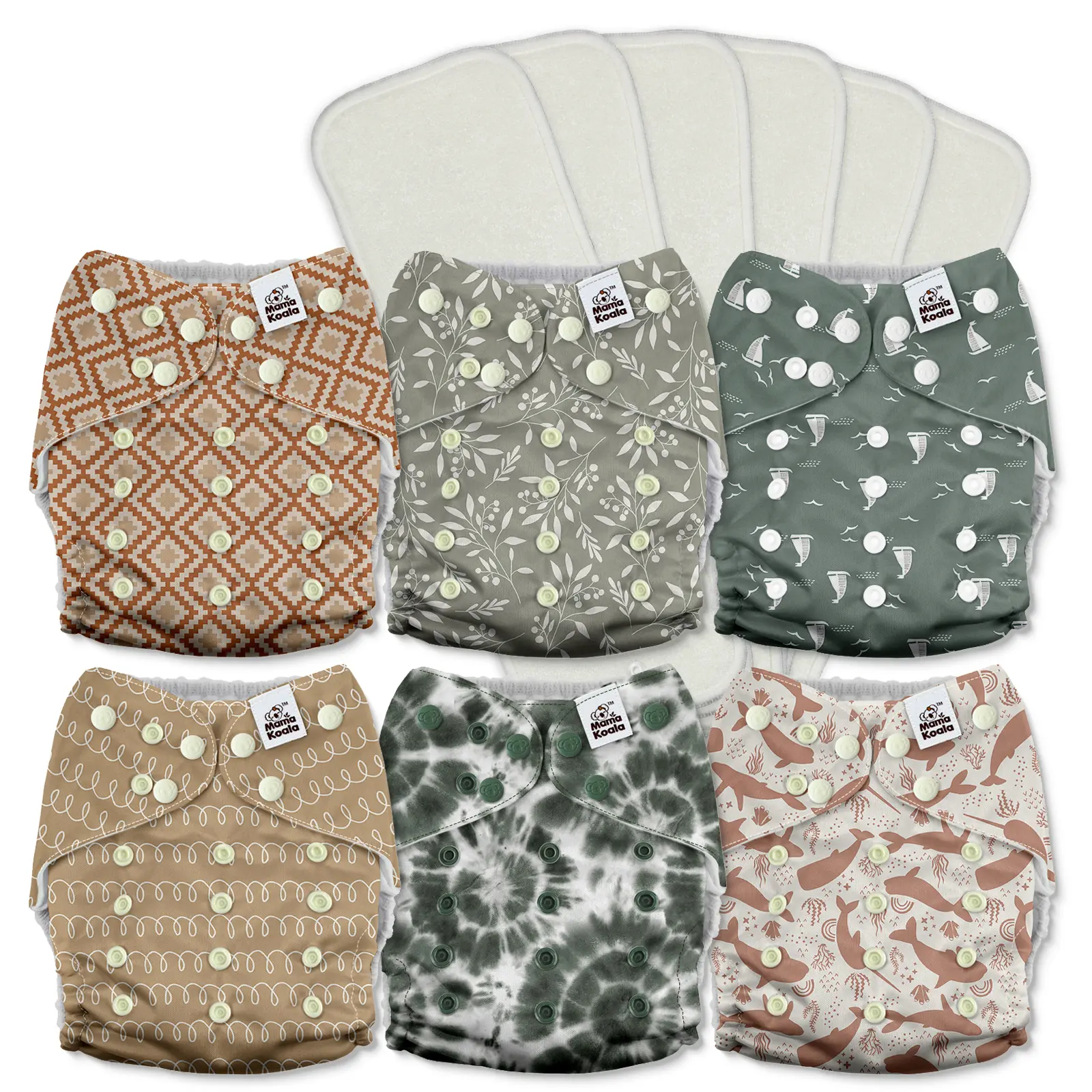 Mama Koala 3.0 Pocket Cloth Diapers for Babies with AWJ Lining, 6 Pack with 6 4-Layer Natural Cloth Diaper Inserts - Reusable and Washable Pocket Diapers(3A0026)