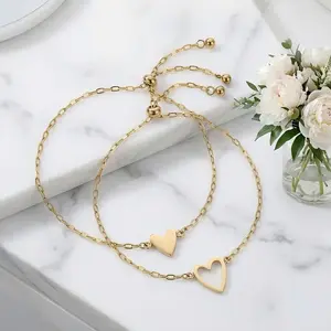 Adjustable 14K Gold Plated Matching Bracelets BFF Heart Charm Bracelets Set Best Friend Gifts for Women Elegant Jewelry