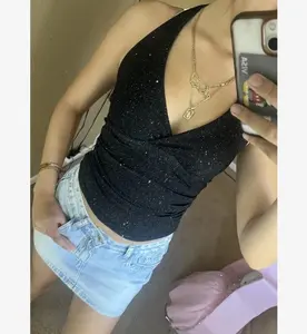 Fashionable Glittery Criss Cross Back Halter Neck Crop Top