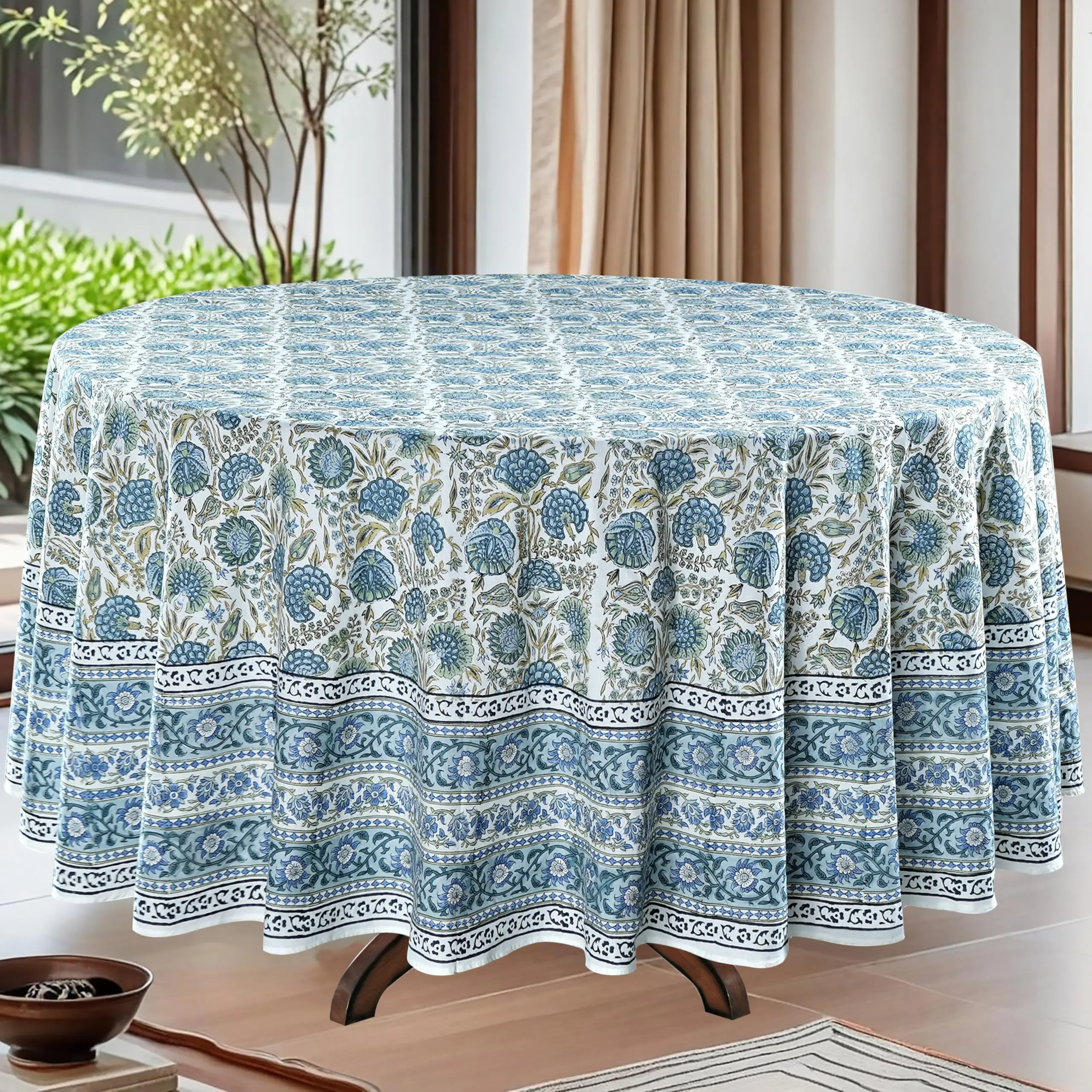 Ridhi Round Tablecloth Hand Block Print 100% Cotton Reusable Asparagus Green 60 Inch Table Cover Decorative Everyday Use for Dining, Home, Party, Wedding, Farmhouse Gift for Spring, Mother's Day