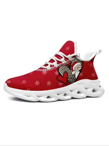 Women's Fashionable Santa Claus & Heart Designed Print Lace Up Front Low Top Blade Sole Sneakers, Casual Comfortable Sports Running Shoes, Female All-match Round Toe Shoes for Daily Wear, Athletic Shoes