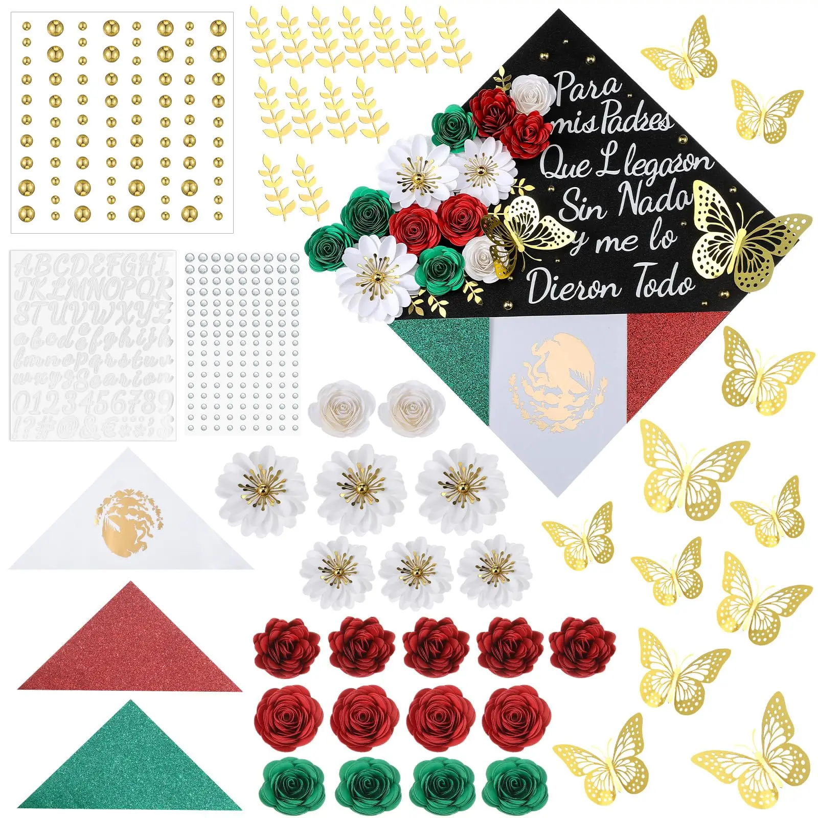 DIY Graduation Cap Embellishment Kit (44 Pcs) – Includes Mexican-Style Flower Heads, 3D Butterfly Stickers, Glitter Rhinestones, Pearl Stickers, Alphabet & Number Letters for Creating a Personalized Grad Hat Topper, Graduation Party Supplies