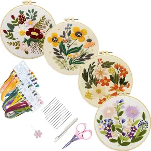 4Pcs Embroidery Set for Beginners Art Crafts Easy Sewing Includes Embroidery Clothes with Pattern, Hoop, Instruction Manual, Color Stitch Set (Flowers) - Home Improvement.