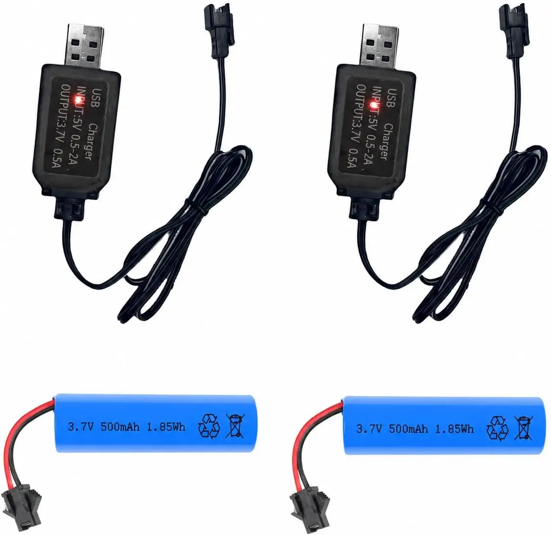 2 Pack 3.7V 500mAh Rechargeable Batteries with Dual Protection and USB Charger Cables, SM-2P plug Design, Universally Compatible with Various Remote Control Cars Trucks, Stunts, and RC Toys