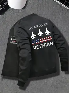 Men's Us Air Force Proud Veteran Jacket, Casual Stand Collar, Fitted, Polyester Zipper Sweatshirt, Fighter Design, Fall/winter