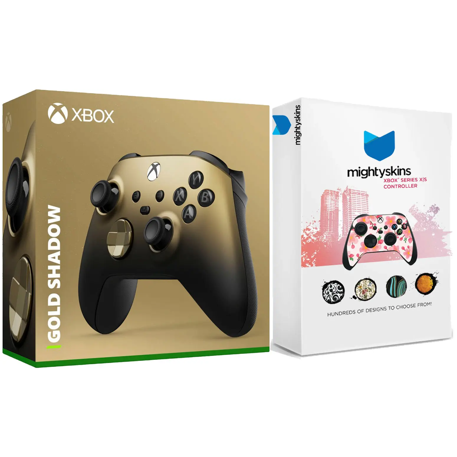 Xbox Wireless Controller for Series X, Series S, Windows with MightySkins Custom Skin Code - Gold Shadow Gaming Accessories Bundle with Headset, Grip, Plug, Port Compatibility, Button