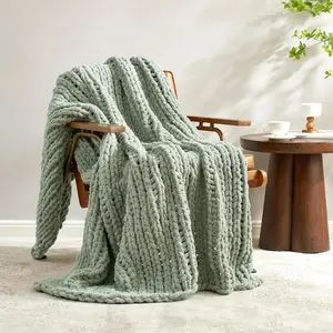 Chunky Knit Throw Blanket for Couch, Soft Chenille Crochet Blanket for Sofa, 50"x60", Sage Green