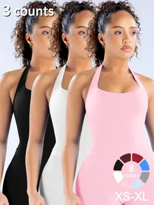 3 Pcs Women's Yoga Halter Neck Tank Top with Removable Pads, Three-Layer Seamless Backless Tank Tops Casual Solid Color Soft All Seasons Wear Yoga Activewear