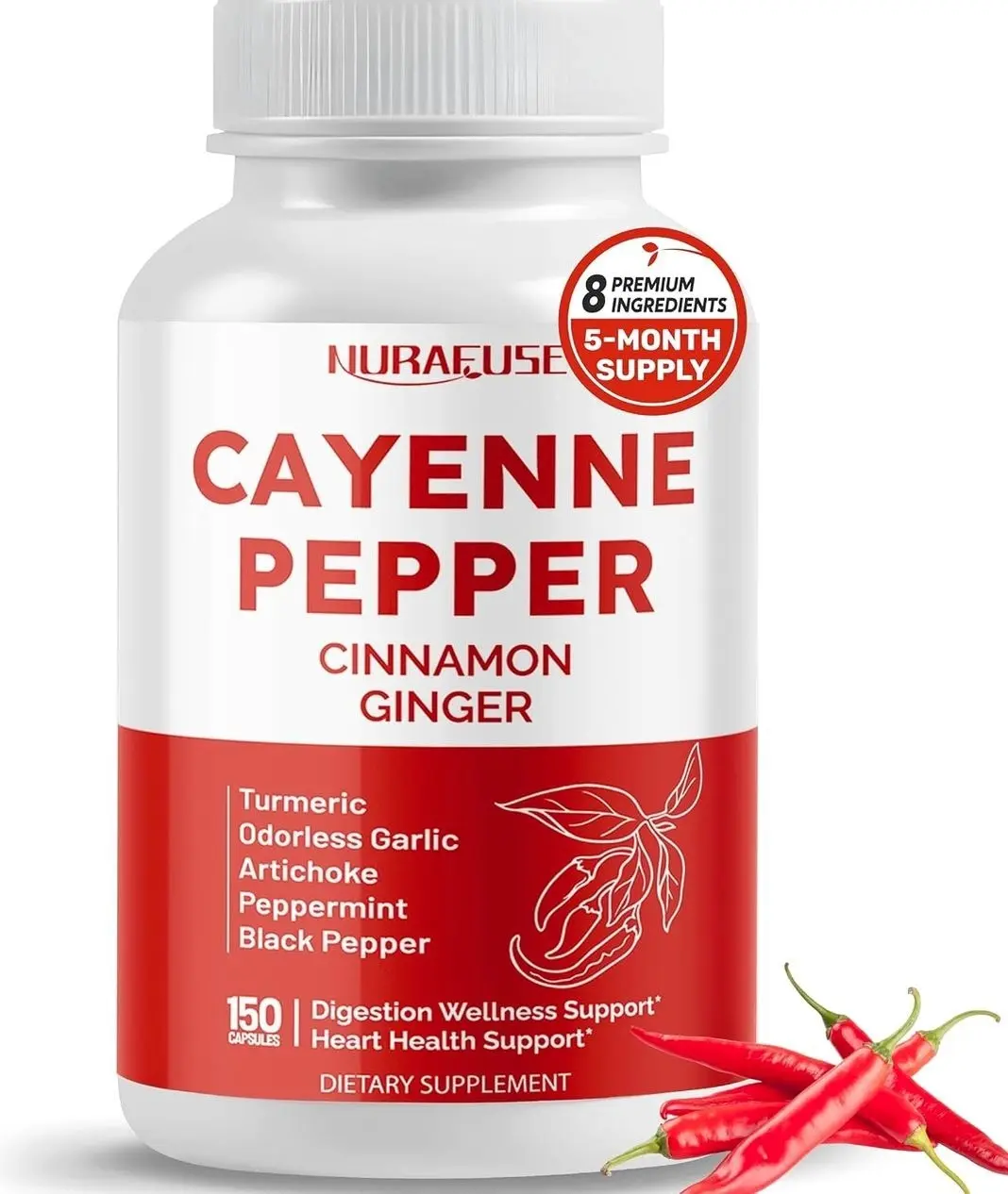 Cayenne Pepper 8-in-1 Formula - with Cinnamon, Ginger Turmeric, Odorless Garlic, Artichoke Non-GMO, Gluten-Free, Soy-Free