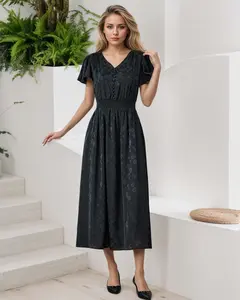 Formal Black Dresses for Women Wedding Guest Dress for Cocktail Party V-Neck Flowy Ruffle Dress  Casual Wear Minimalist Fitted Womenswear LE-LQ029