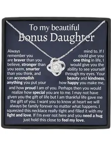 To My Bonus Daughter Heart Knot Pendant Necklace, Gift Box and Meaningful Card Included, Step Daughter Birthday and Christmas Gifts, Dainty Necklace