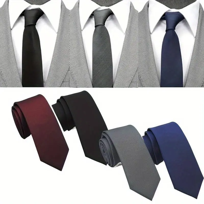 4 Packs 2.5 inch Slim Plain Neckties Kit, Skinny Solid Ties for Men, Smooth Texture Sleek Ties for Corporate Men, Office Workers Formal Wear