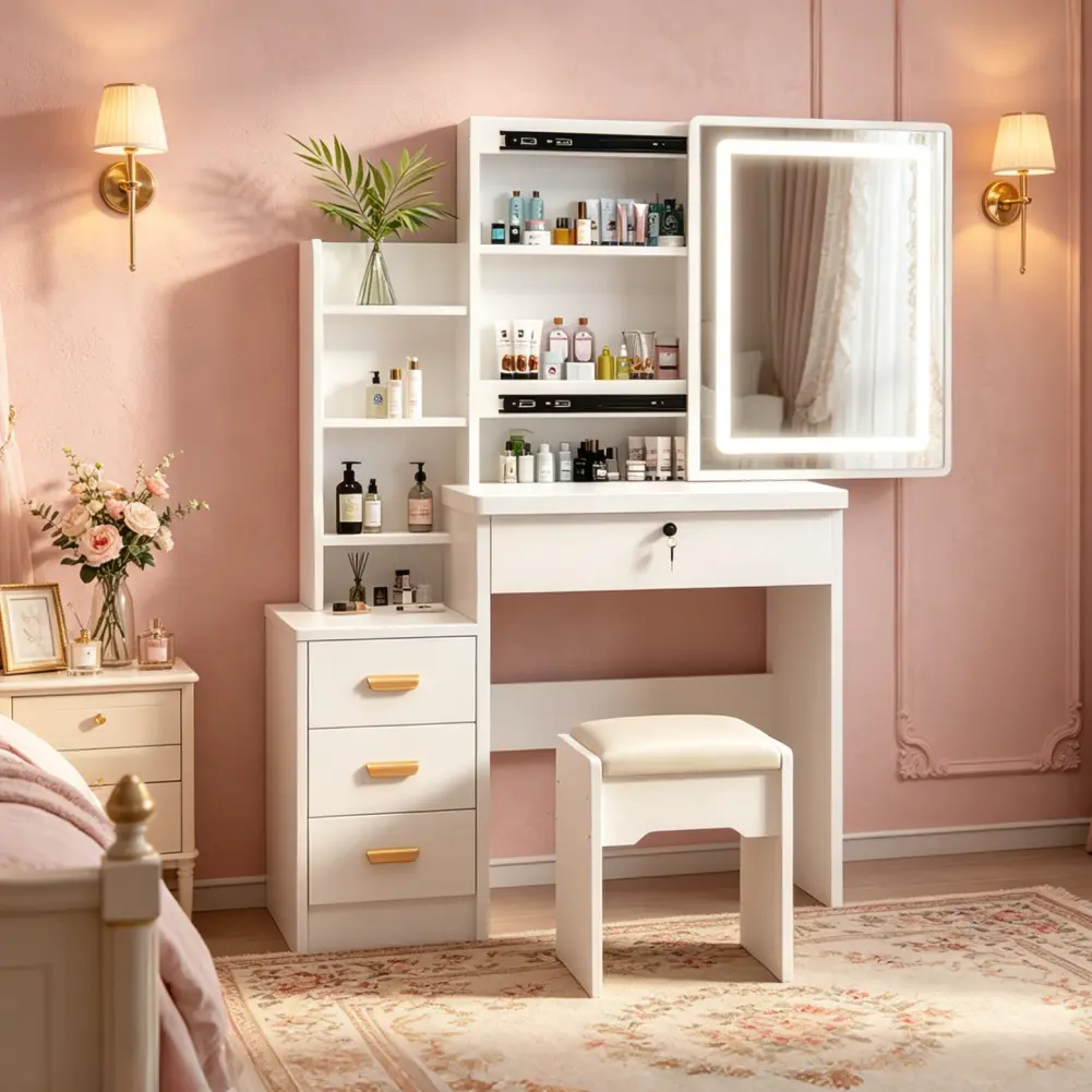 Modern LED Vanity Set with Makeup Stool Three-Color RGB Light Sliding Mirror Four Drawers One Shelf Glass Top Ideal for Girls' Bedrooms Apartments Bathrooms