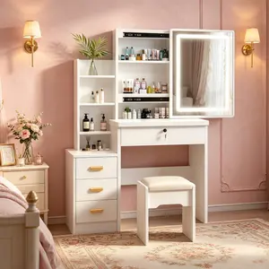 Modern LED Vanity Set with Makeup Stool Three-Color RGB Light Sliding Mirror Four Drawers One Shelf Glass Top Ideal for Girls' Bedrooms Apartments Bathrooms