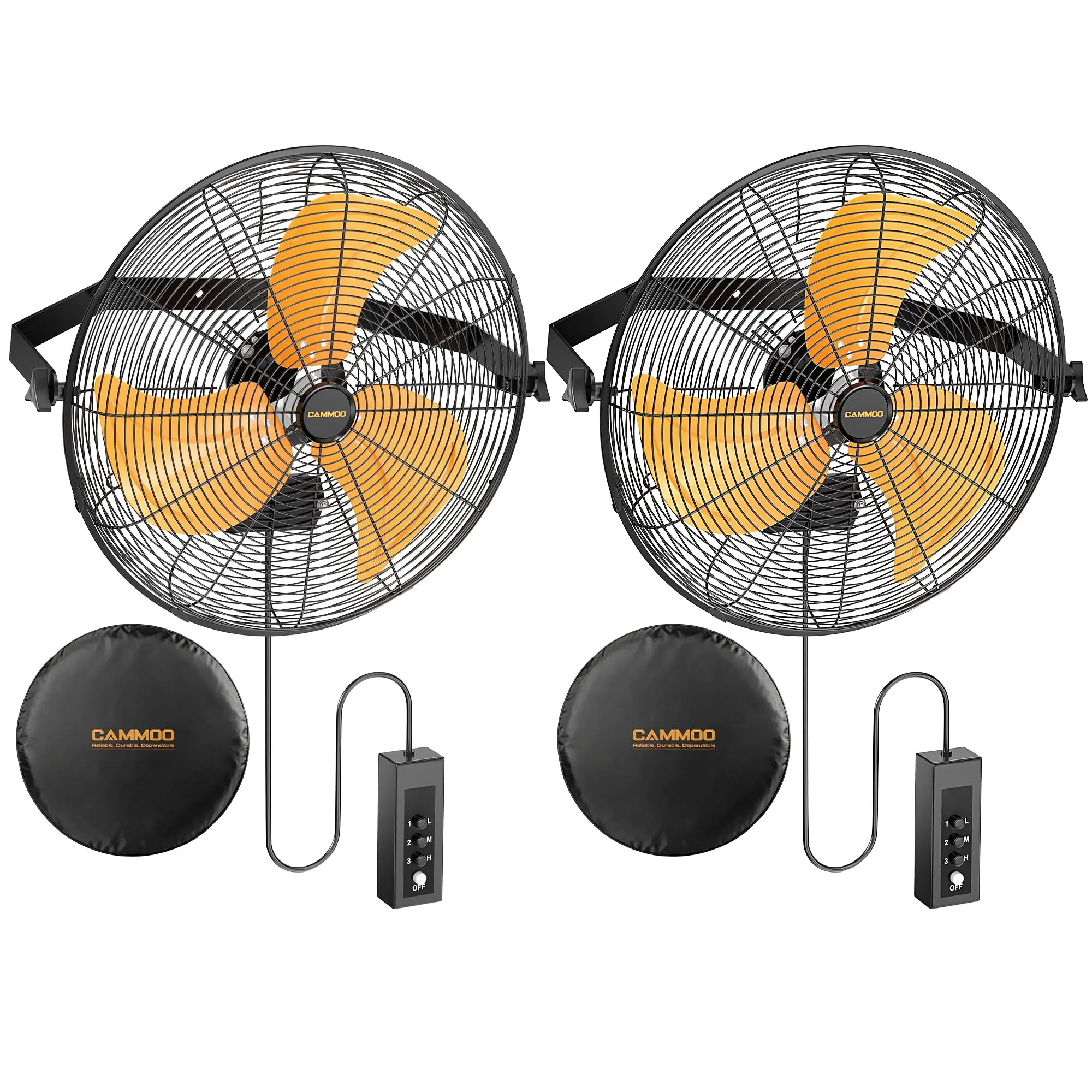 CAMMOO Non-Oscillating 18 Inch Wall Mount Fan with 600D Oxford Cover, IPX4 Outdoor Fans for Patios Waterproof, Extended 3.3ft Wired Remote and 6.6ft Power Cord, 3-Speed High Velocity Wall Mounted for Garage, 2 Packs