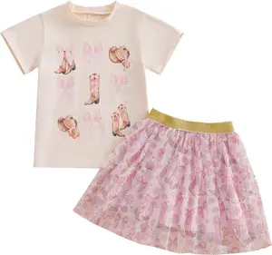 Chloefairy Western Toddler Baby Girl Summer Clothes Bow Boots Short Sleeve T-Shirt Tulle Tutu Skirt Set Kids Cowgirl Outfit