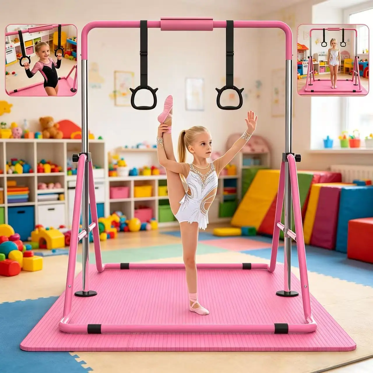 SAVEYOUR Kids Foldable Gymnastics Bar with Rings - Junior Gymnastics Equipment, 35"-51" Adjustable Height, Expandable Home Gear for 3-8 Year Old Girls, Home Gym, Waterproof, Foldable Bar, Collapsible, Playrooms, Steel Frame, Aged 3-8