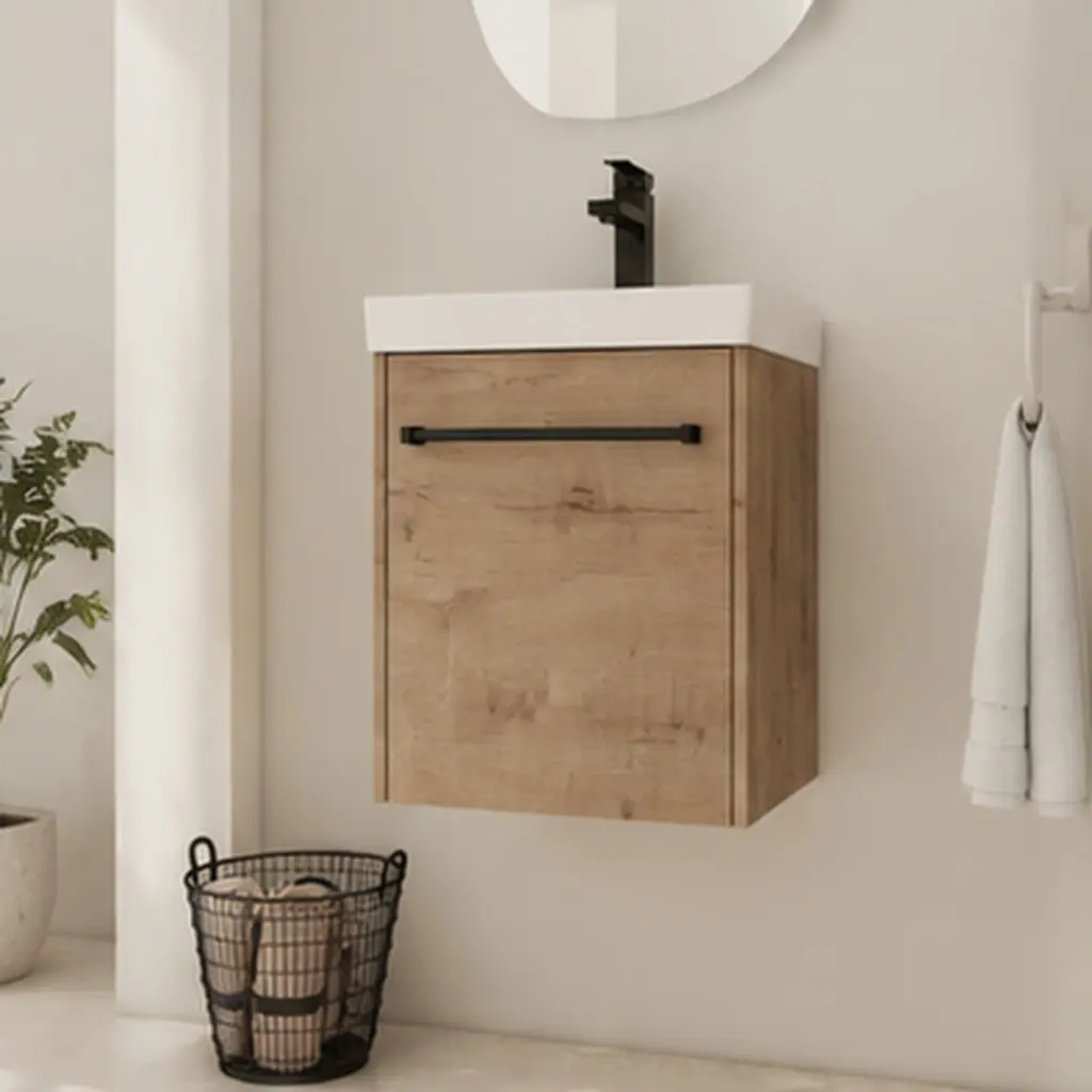 18 Inch Floating Wall Mounted Bathroom Vanity Cabinet with Ceramic Sink, Soft-Close Door, Modern Wall-Hung Storage Cupboard for Small Bathroom, Powder Room, Compact Space-Saving Design, White Finish, Bathroom Furniture for Vanity Area