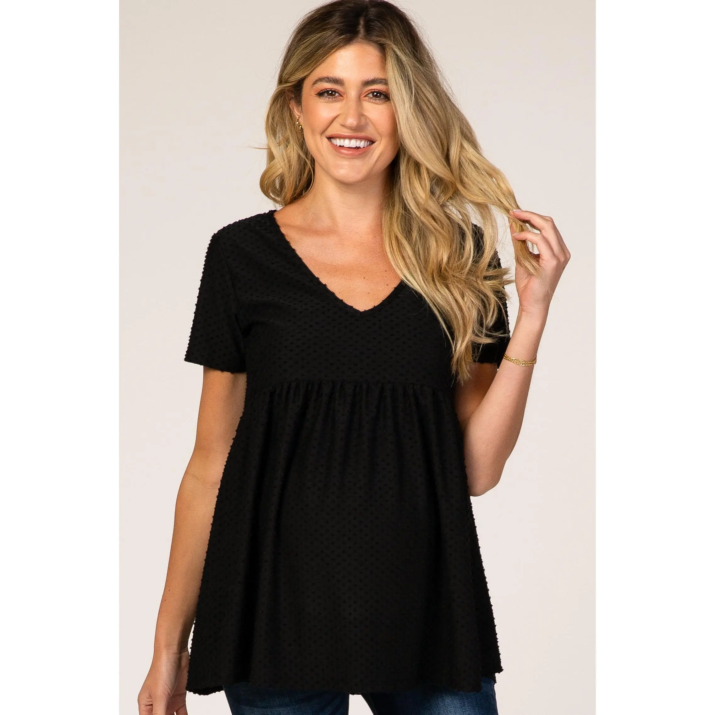 Black Textured Babydoll Maternity Blouse, Maternity Top, V Neck Shirt