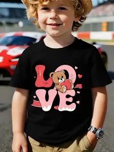 Boys Valentine's Day Camping T-Shirt, 3D Love Letter Print, Heart Bear Design, Outdoor Wear, Trendy, Perfect Gift