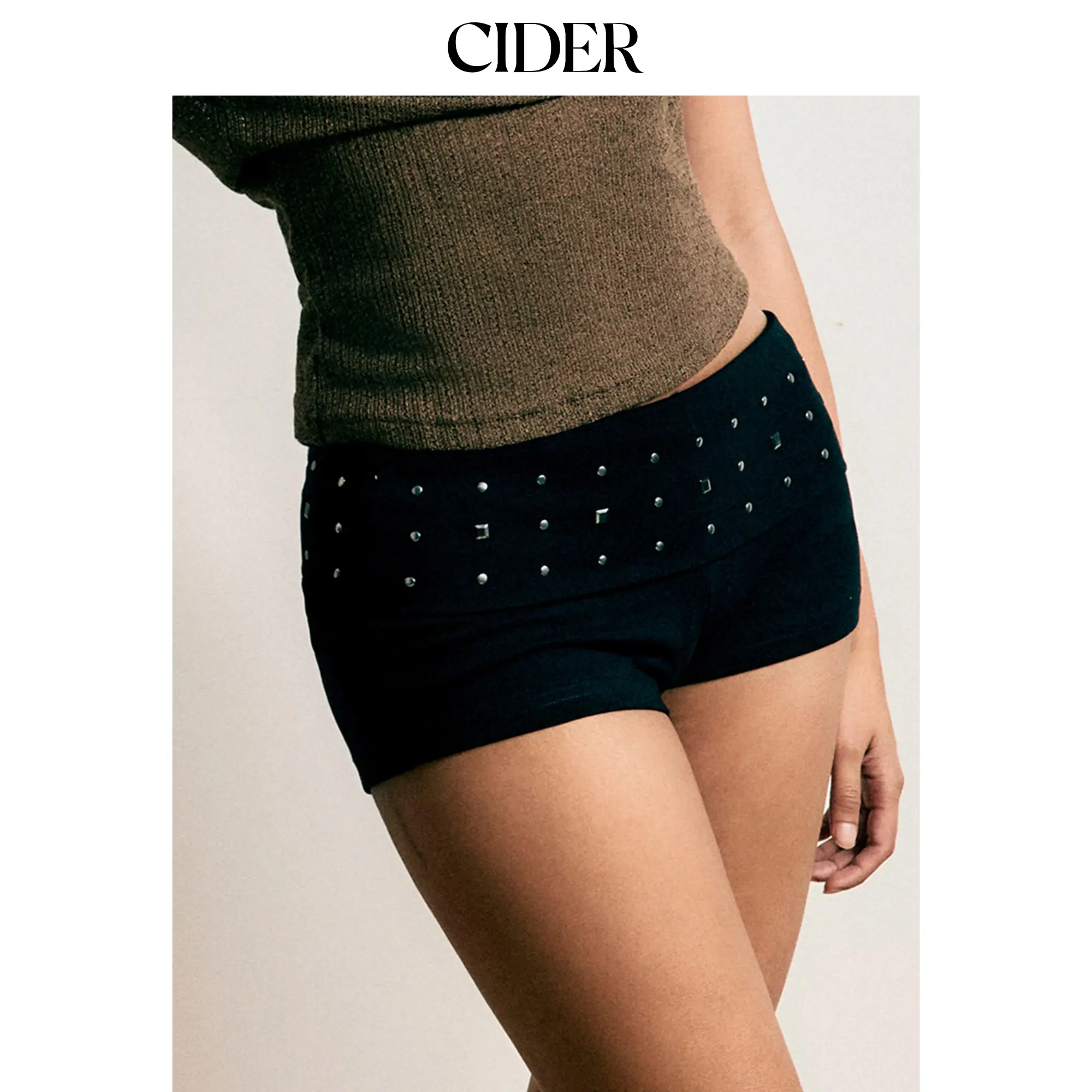 Cider Women's Casual Cotton-Blend Low Rise Micro Shorts, Stylish Bottoms with a Unique Side Metal Ring Detail, Bottom, Elastane, Skinny Legs, Knit