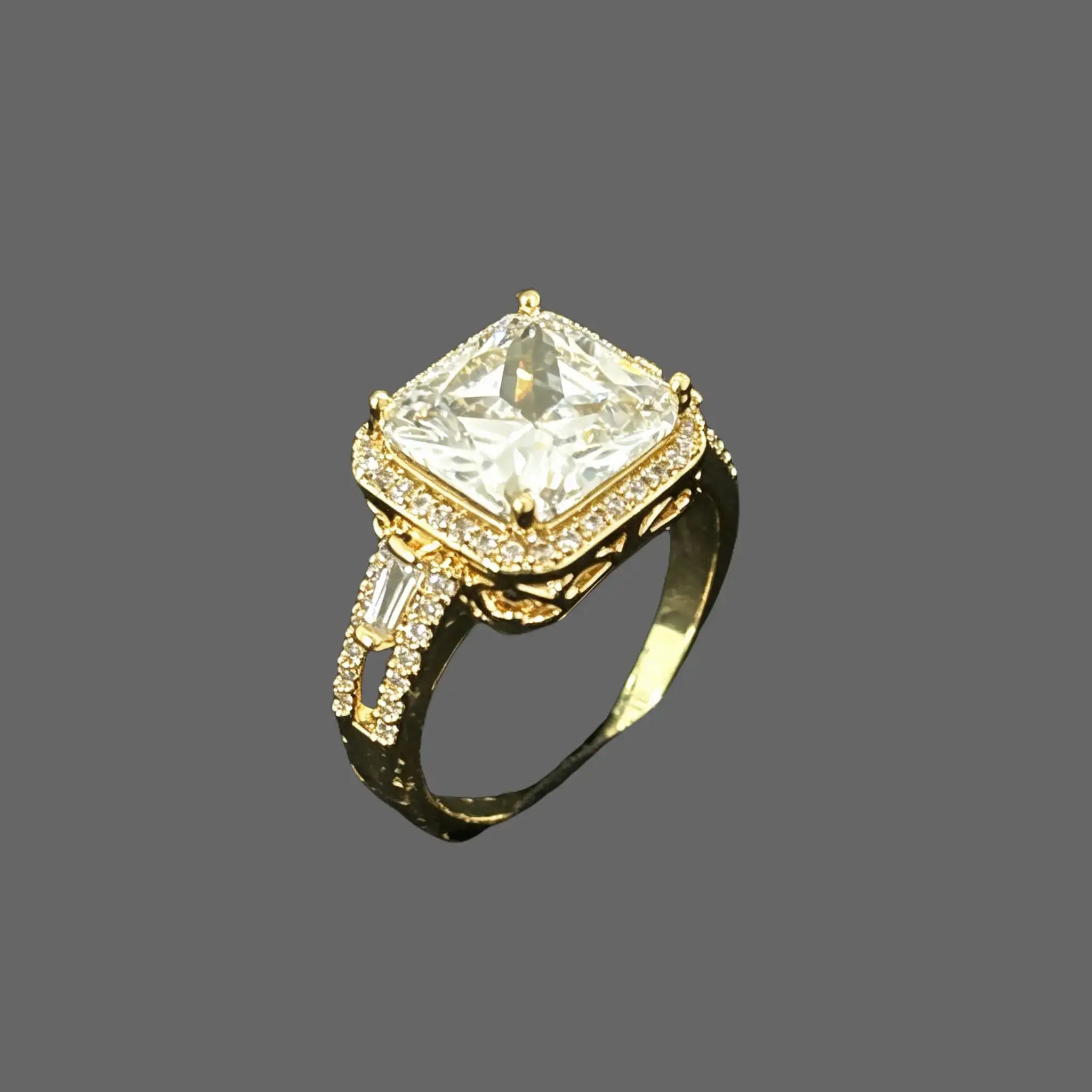Vintage Princess Cut Double Halo Hollow Gold CZ Engagement Ring