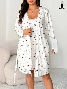 Plus Size Cherry Floral Lace Halter Dress + Long Sleeve Sleepwear Set, Sweet Casual Home Wear, Fitted Summer