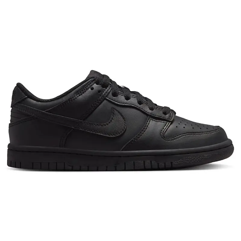 Nike Dunk Low Triple Black (GS) Grade School Sneakers | Classic Low-Top Basketball-Inspired Shoes | All-Black Leather Design with Iconic Nike Swoosh Branding | Comfortable Lifestyle Footwear for Kids | Versatile Casual / Streetwear Sneakers