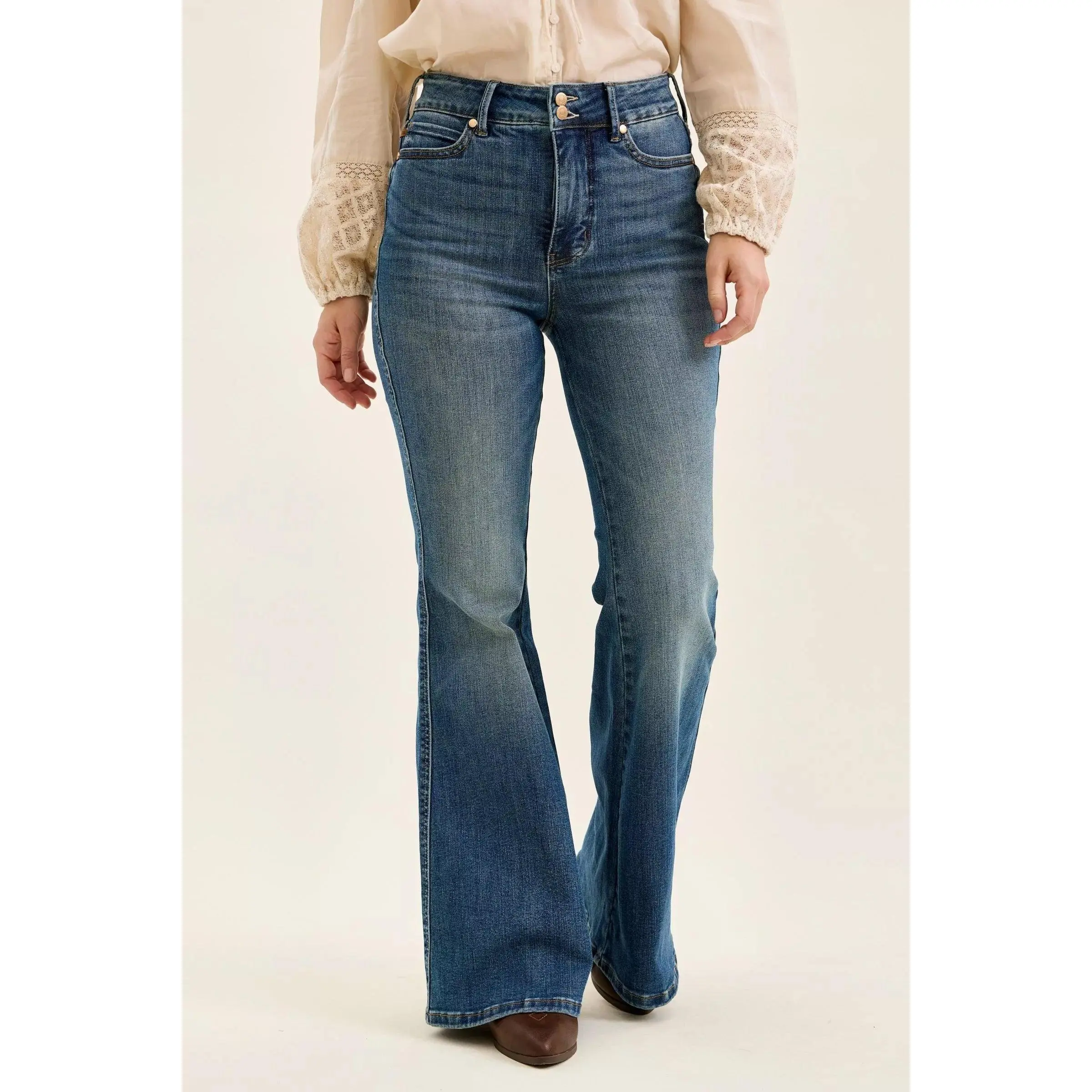 Judy Blue High Waist Double Button Tummy Control Flare Jeans, Spandex, Street Style, Bottoms