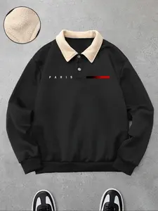 Men's Polo Collar Pullover Sweatshirt, Long Sleeve, Knit, Letter Print Design, Comfortable Soft Fabric, Casual Fashion, Loose Fit, Fall & Winter Wear