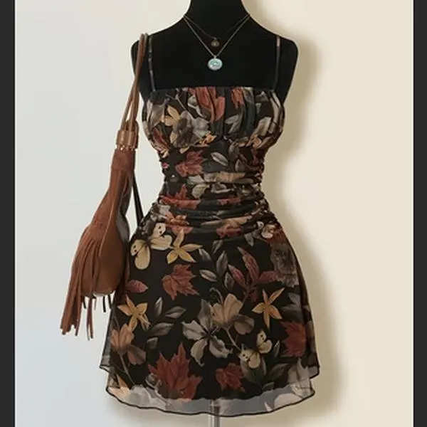 Romantic A-Line Mini Dress Women's Vintage Maple Leaf Print Ruffle Dress for Valentine's Day/Wedding Season/Vacation/Back to School