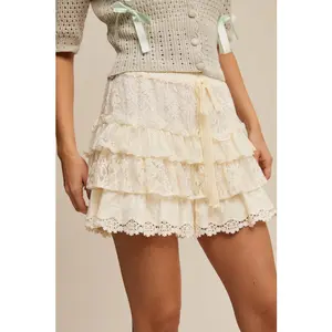 Women's Cute Lala Lace-Ruffle Mini Elastic Shorts - Smooth Nylon, Feminine Cream Bottoms