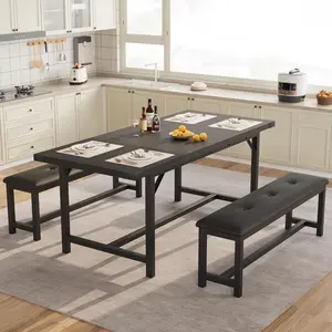 3 Piece Dining Table Set for 4-6, Large Extendable Kitchen Table Set with 2 Benches, Space Saving Dining Room Furniture for Breakfast Nook, Kitchen, Small Space