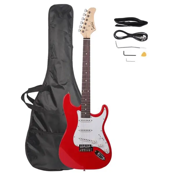 GST Series Right-Hand 6-String Electric Guitar Kit - Basswood Body, Contoured Shape, 22-Fret Rosewood Fingerboard, 25.5 Inches, 39.37x12.60x2.76 Inches, Gig Bag, Shoulder Strap, Pick, Whammy Bar, Cable, Wrench Tool & Musical Accessories (Red)
