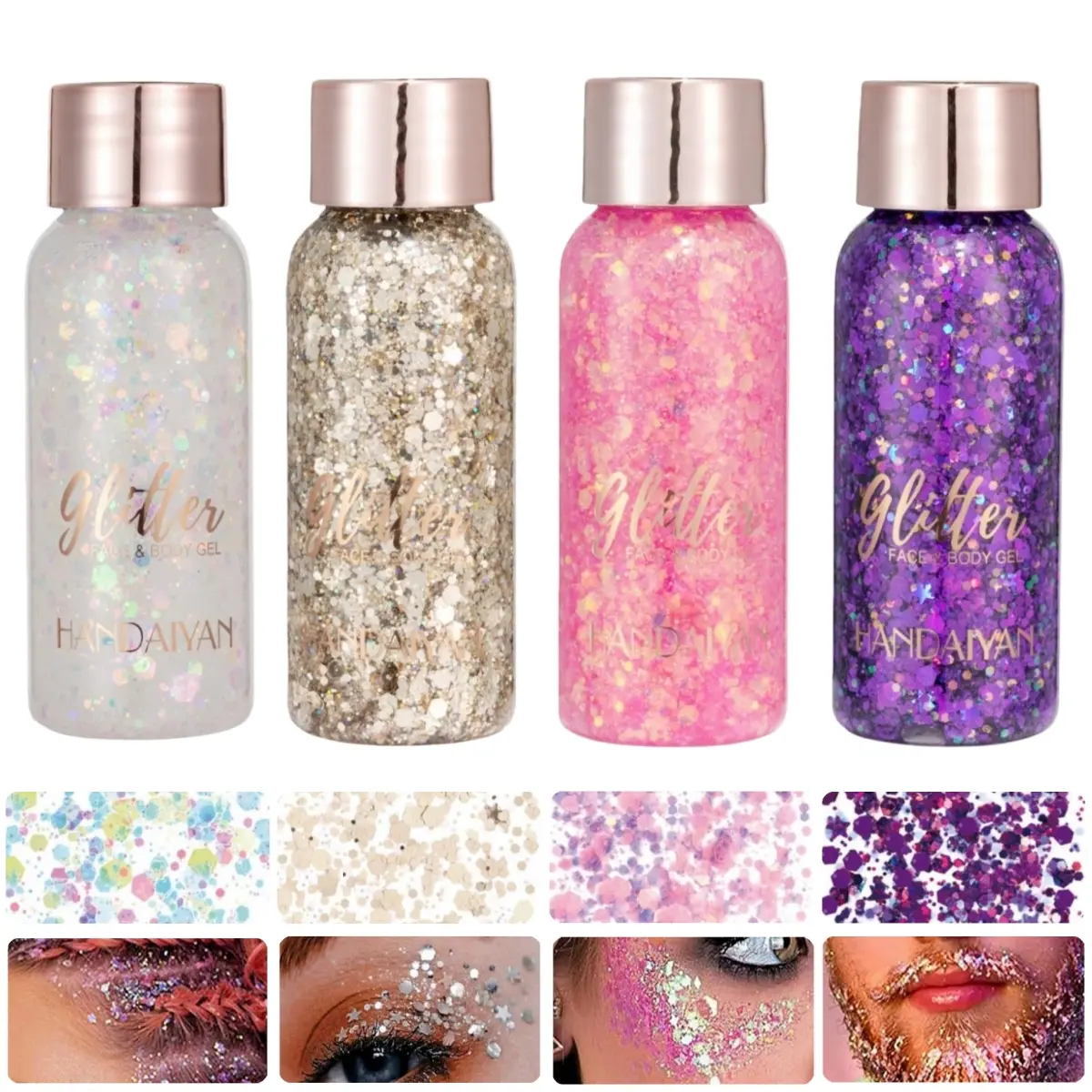 Handaiyan 2 Pcs Dazzling Chunky Glitter Gel, Long-Lasting Mermaid Sequins for Face, Hair & Eyeshadow, Alcohol-Free Body Highlighter, Glowing Makeup