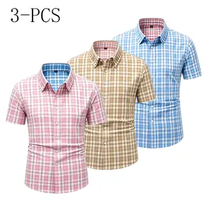 Men’s 3-Pack Short-Sleeve Checked Shirts Set, 100% Polyester Menswear, Wrinkle-Resistant, Breathable Classic Business Casual Tops for Summer, Multiple Colors Available