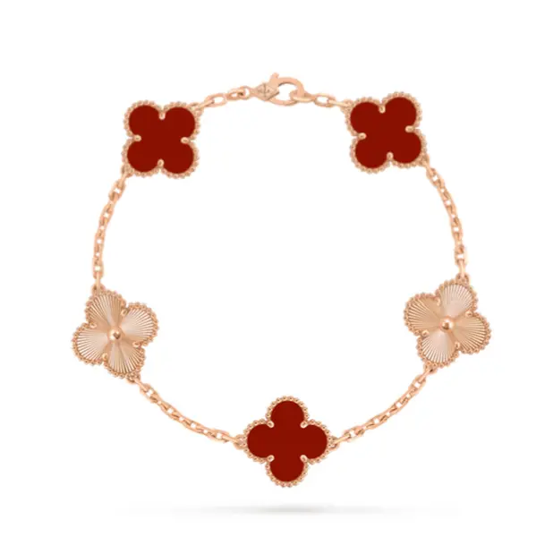 Pre-owned Van Cleef & Arpels Vintage Alhambra bracelet, 5 motifs，18K rose gold, Carnelian