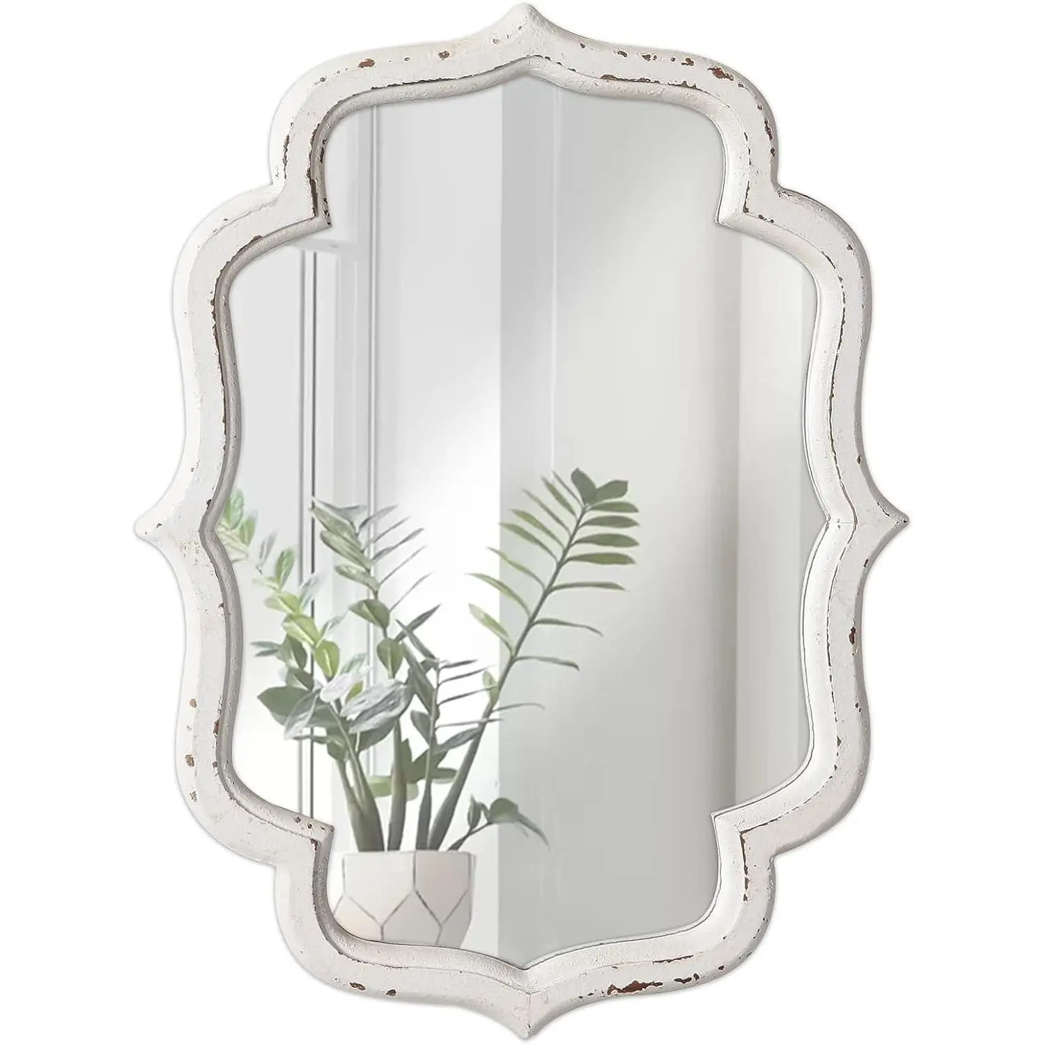 Vintage Small Scalloped Wall Mirror Decorative 16" x 12" | Distressed White Hanging Farmhouse Wood Quatrefoil Rustic Wall Mounted Mirror for Living Room, Bathroom Mirrors for Over Sink