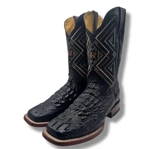 Black Caiman Print Leather Boots for Men with Unique Crocodile Texture and Gold Accents