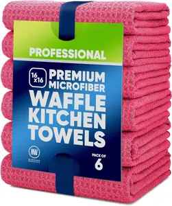 Microfiber Waffle Weave Dish Towels 6 Pack 16x16 16x24 | Super Absorbent Quick Dry Kitchen Towels | Lint Free Streak Free | Reusable | White Red Green Gray